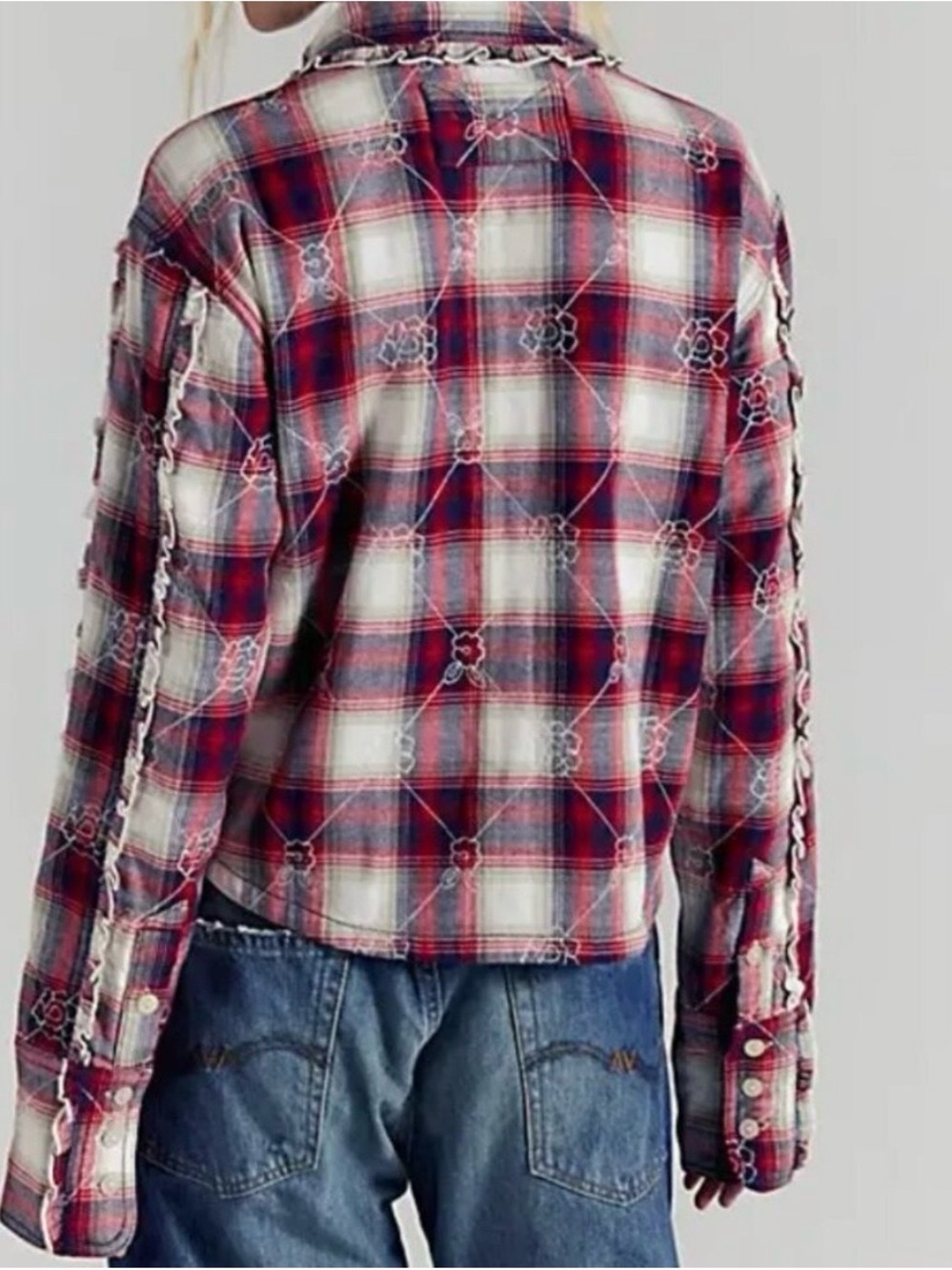 Free People/ We The Free Georgia Plaid Embroidered In Ivory Combo Size Large - Picture 4 of 8